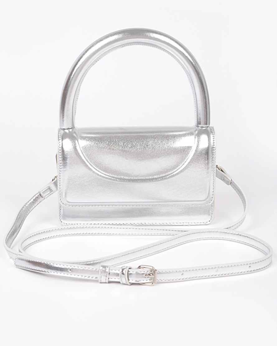Metallic Faux Leather Top Handle Bag-Silver