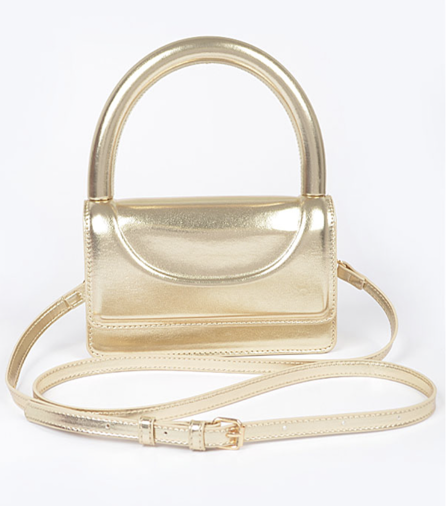 Metallic Faux Leather Top Handle Bag-Gold