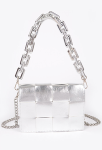 Metallic Braided Chain Shoulder Bag- silver